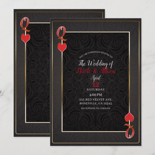Invitation Black Gold & Red Queen of Hearts Mariage élégant (Devant / Derrière)