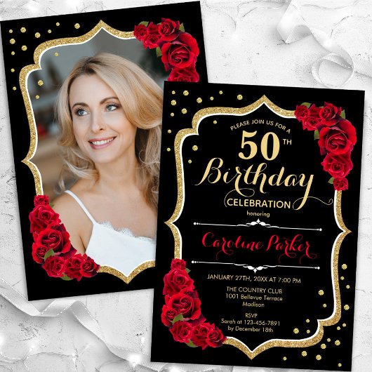 Invitation Black Gold Red Roses Photo 50e anniversaire