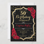 Invitation Black Gold Red Roses Photo 50e anniversaire (Devant)