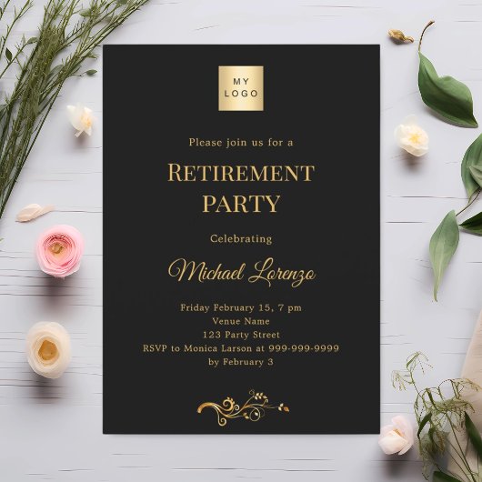Invitation Black gold retirement party business logo