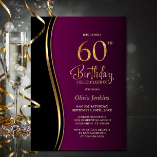 Invitation Black Gold Rose 60e fête d'anniversaire