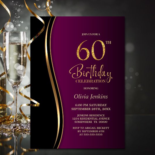 Invitation Black Gold Rose 60e fête d'anniversaire