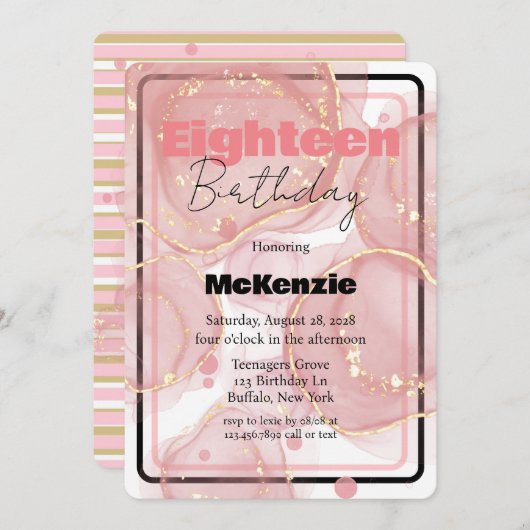 Invitation Black Gold Rose alcool encre 18e fête d'anniversai (Devant / Derrière)