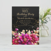 Invitation Black Gold Rose Floral 90e fête d'anniversaire (Debout devant)