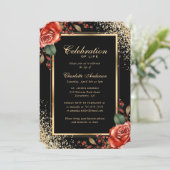 Invitation Black Gold Rose Photo Célébration de la vie (Debout devant)