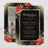Invitation Black Gold Rose Photo Célébration de la vie (Devant / Derrière)