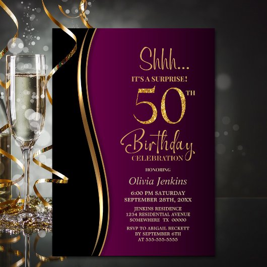 Invitation Black Gold Rose Surprise 50e anniversaire