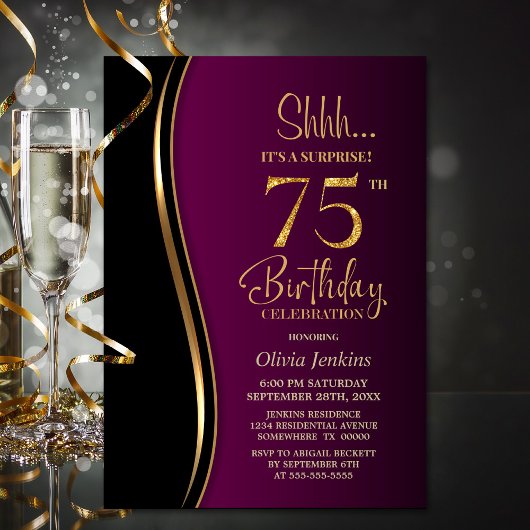 Invitation Black Gold Rose Surprise 75e anniversaire