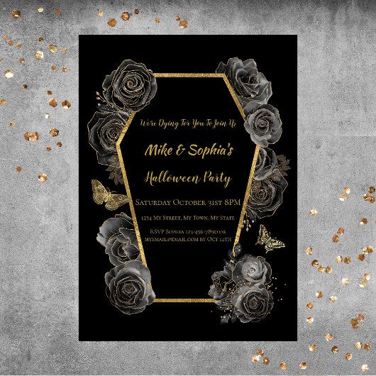 Invitation Black & Gold Roses café Adulte Halloween Party