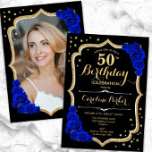 Invitation Black Gold Royal Blue Photo 50e anniversaire