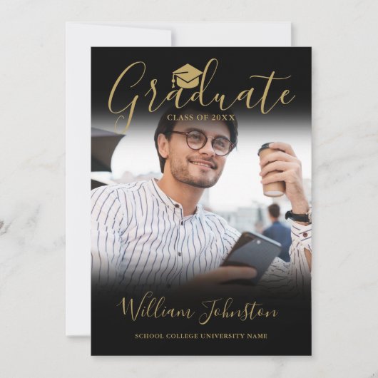 Invitation Black Gold Script Graduate Photo Party (Devant)
