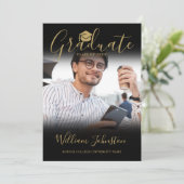 Invitation Black Gold Script Graduate Photo Party (Debout devant)