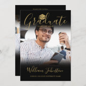 Invitation Black Gold Script Graduate Photo Party (Devant / Derrière)