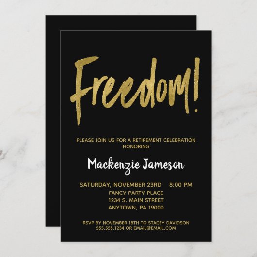 Invitation Black Gold Script Retraite Party (Devant / Derrière)