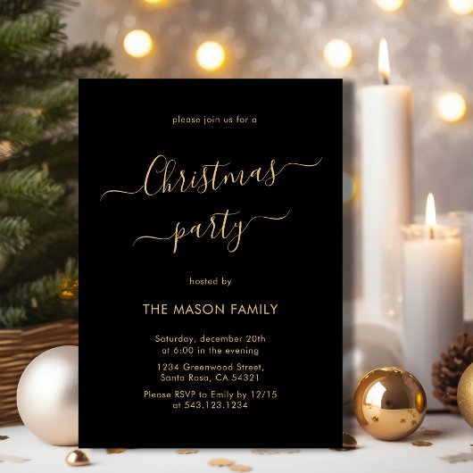 Invitation Black Gold Script Simple Fête de Noël