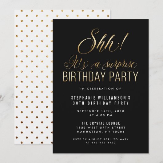 Invitation Black & Gold Shh ! C'est une fête d'anniversaire s (Devant / Derrière)