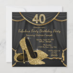 Invitation Black Gold Shoe Fabulous 40th Birthday Party<br><div class="desc">Des parties scintillant élégantes en noir et or, des chaussures de talon haut de 40e anniversaire de la femme invitations avec de belles chaussures de talon haute parties scintillant en or sur un arrière - plan de rideau noir et or. Cette élégante invitation à la fête d'anniversaire en noir et...</div>