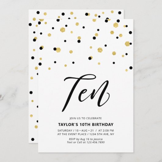 Invitation Black & Gold Simple 10ème Ado Anniversaire fêtes I (Devant / Derrière)