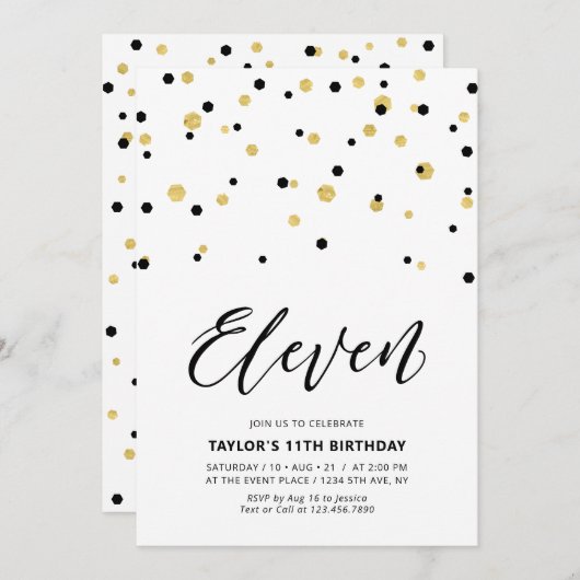 Invitation Black & Gold Simple 11e fête d'Ado (Devant / Derrière)