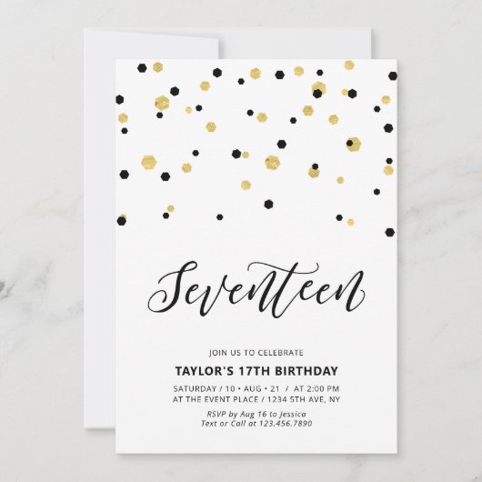 Invitation Black & Gold Simple 17ème fête d'anniversaire Ado (Devant)