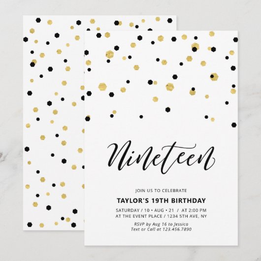 Invitation Black & Gold Simple 19e fête d'Ado (Devant / Derrière)