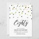 Invitation Black & Gold Simple 80th Birthday Party<br><div class="desc">Célébrez votre journée spéciale avec cette petite invitation à la fête du 80e anniversaire. Ce design comprend un script de lettrage "Eighty" avec des confettis en forme d'hexagone avec un combo noir et or. D'autres designs sont disponibles dans ma boutique BaraBomDesign.</div>