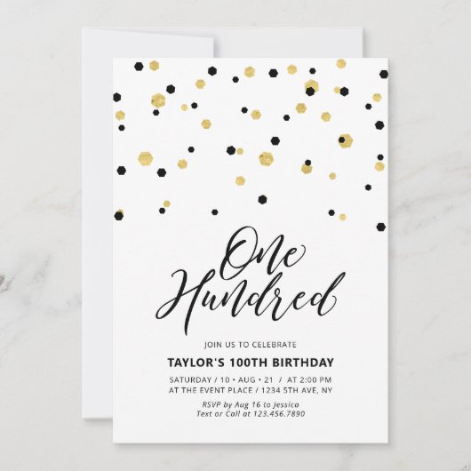 Invitation Black & Gold Simple Cent 100e fête d'anniversaire (Devant)