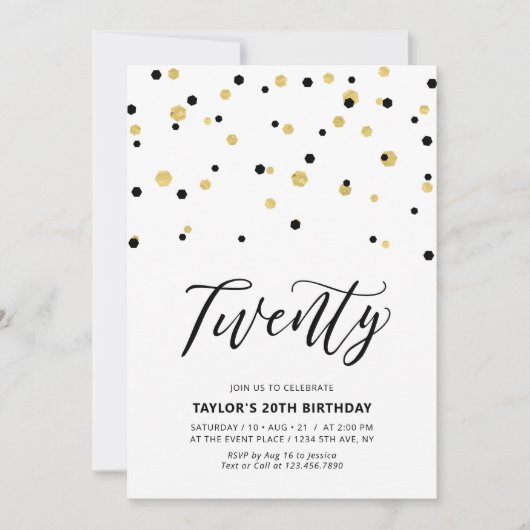 Invitation Black & Gold Simple Vingt 20e anniversaire (Devant)