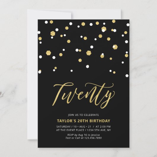 Invitation Black & Gold Simple Vingt 20e Anniversaire Fête In (Devant)