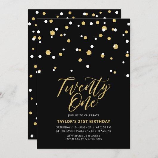 Invitation Black & Gold Simple Vingt et un fête d'anniversair (Devant / Derrière)