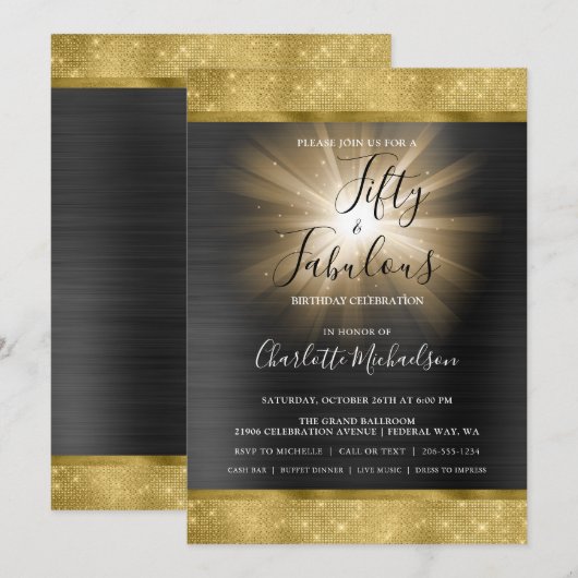 Invitation Black Gold Sparkle Glam Cinquante et fabuleux Anni (Devant / Derrière)
