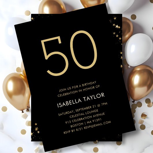 Invitation Black & Gold Stars 50e anniversaire