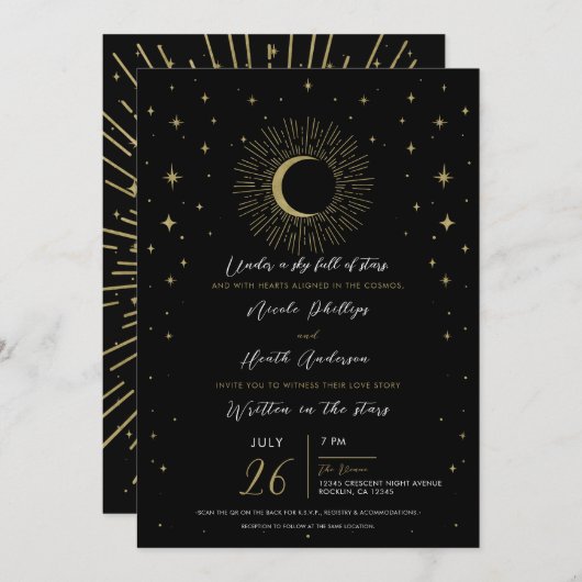 Invitation Black & Gold Stars Celestial Sunburst Moon Mariage (Devant / Derrière)