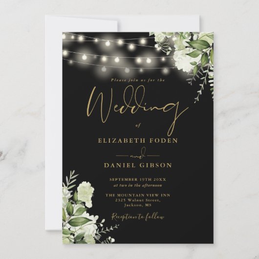 Invitation Black Gold String éclaire Floral QR Code Mariage (Devant)