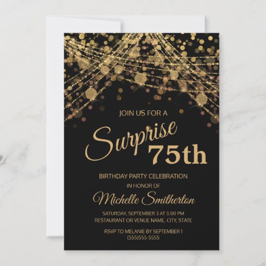Invitation Black Gold String Lights Surprise 75e anniversaire (Devant)