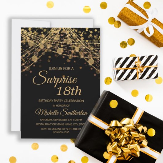 Invitation Black Gold String Lumières Surprise 18e anniversai
