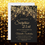 Invitation Black Gold String Lumières Surprise 21e anniversai<br><div class="desc">Invitation à la fête du 21e anniversaire pour les femmes avec des lampes à cordes dorées scintillantes et un bokeh pétillant sur un arrière - plan noir audacieux. Parce que le texte est personnalisable, cette invitation est conçue pour une femme qui célèbre n'importe quel anniversaire. (18ème, 21, 30ème, 40ème, 50ème,...</div>