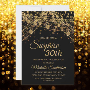 Invitation Black Gold String Lumières Surprise 30e anniversai