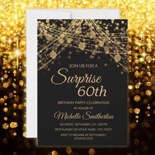 Invitation Black Gold String Lumières Surprise 60e anniversai