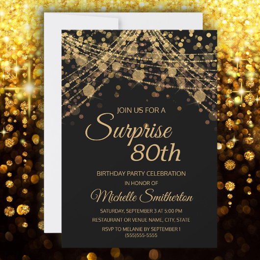 Invitation Black Gold String Lumières Surprise 80e anniversai