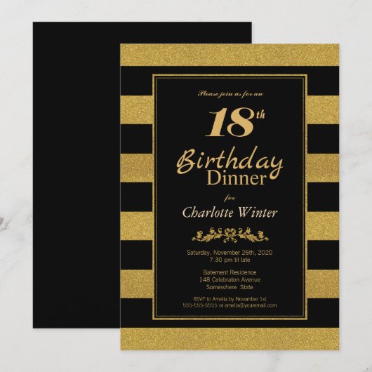 Invitation Black Gold Striped 18th Birthday Dinner (Devant / Derrière)