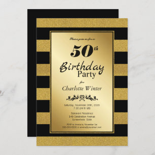 Invitation Black Gold Striped 50e anniversaire fête