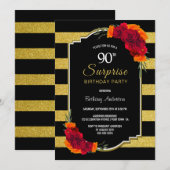 Invitation Black Gold Striped Floral Surprise 90e anniversair (Devant / Derrière)
