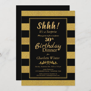 Invitation Black & Gold Striped Surprise 50e anniversaire Dîn