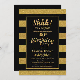 Invitation Black & Gold Striped Surprise 60e fête d'anniversa