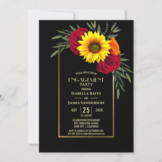 Invitation Black Gold Sunflower Rose de l'engagement (Devant)
