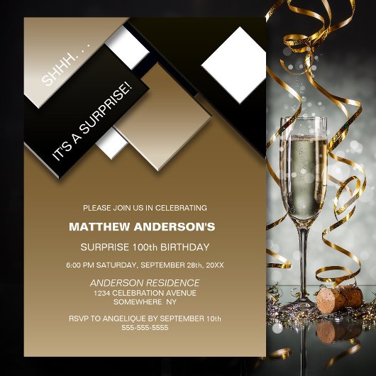 Invitation Black Gold Surprise 100e fête d'anniversaire