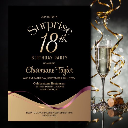 Invitation Black Gold Surprise 18ème anniversaire