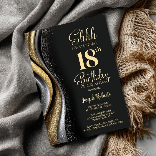 Invitation Black Gold Surprise 18th Birthday Party