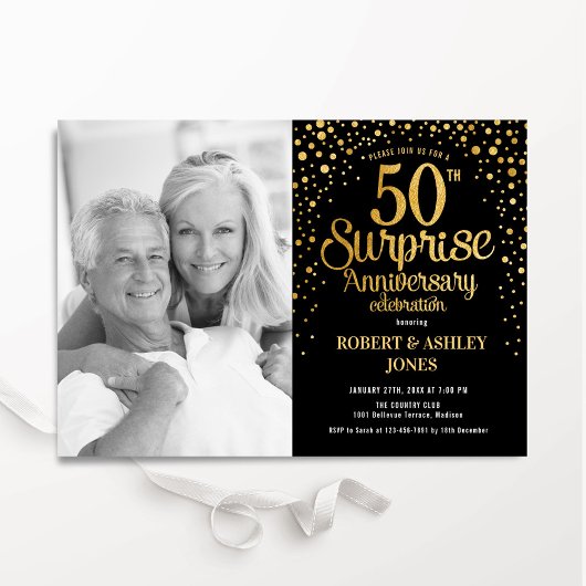 Invitation Black Gold Surprise 50th Anniversary Photo